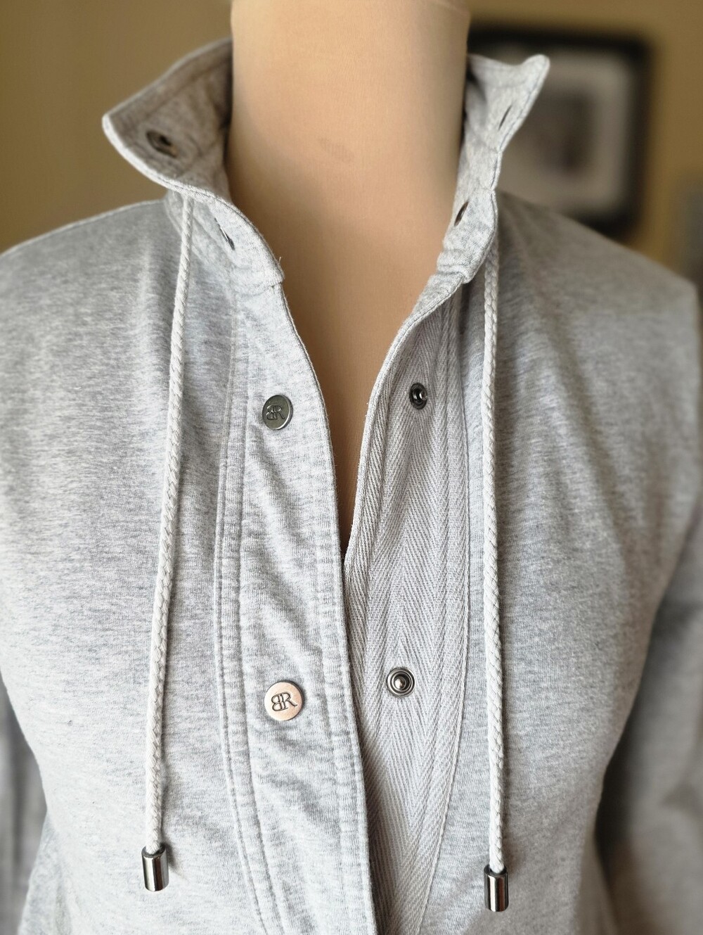 Modal Cotton Snap Front Jacket Gray Mock Neck Drawstring XS Banana Republic - Picture 4 of 9